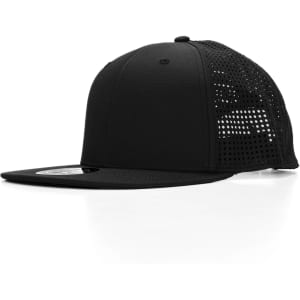 A black cap with a solid front and mesh back, featuring a flat brim and a logo.