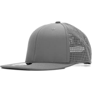 A grey cap with a mesh back and a flat brim, featuring a logo on the front.
