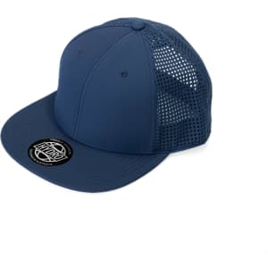 A navy cap with a solid front and mesh panels, featuring a round logo on the brim.