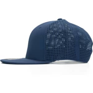 A navy cap with mesh detailing at the back and a solid front panel, featuring a logo.