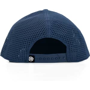 A navy blue cap with a mesh design and a logo on the back.