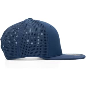 A navy blue cap with a structured front and mesh back, featuring a logo on the side.