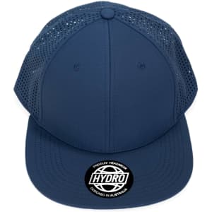 A navy blue cap with mesh panels and a logo on the front.