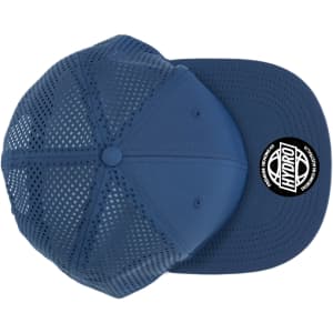 A navy blue cap with a perforated design and a round logo on the front.