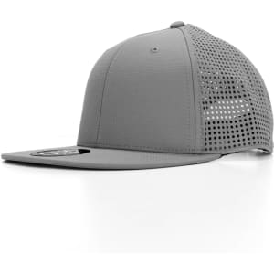 A grey cap with a solid front and mesh back, featuring a small logo on the front.