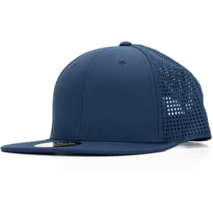 A navy blue cap with a mesh back and a flat brim, featuring a logo on the front.