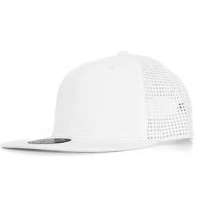 A white cap with a mesh back and a flat brim, featuring a logo on the side.