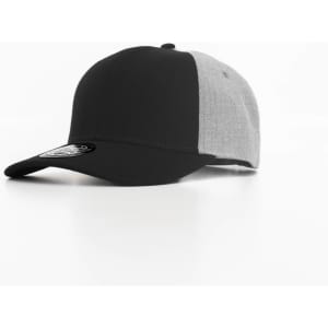 A black and grey cap with a branded logo, featuring a structured front panel and curved visor.