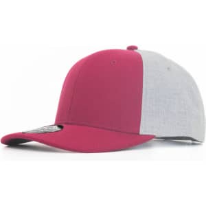 A cap in maroon and grey with a curved brim and a logo on the side.