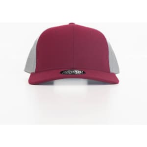 A cap featuring a maroon front and grey mesh back, with a logo on the side.