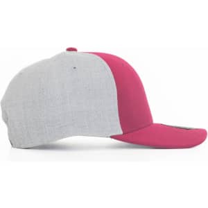 A cap featuring a grey and maroon design, showcasing a curved brim and an adjustable strap at the back.