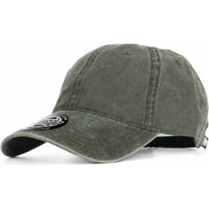 A green cap with a curved brim and a logo on the front. The fabric has a textured finish and casual style.