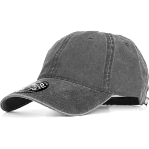 A grey cap with a curved brim and an embroidered logo on the front.