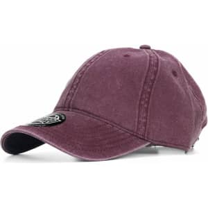 A maroon cap featuring a logo on the front and an adjustable strap at the back.