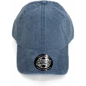 A blue cap with a curved brim and branding patch on the front.