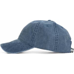 A blue cap with a curved brim, featuring a logo on the side. The fabric has a faded, distressed look.