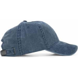 A blue cap with a curved brim and an adjustable strap at the back, featuring a logo on the front.