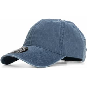 A denim blue cap featuring a rounded peak and an adjustable strap at the back. It has a logo on the front.