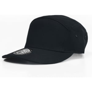 A black cap with a structured design and a logo on the front.