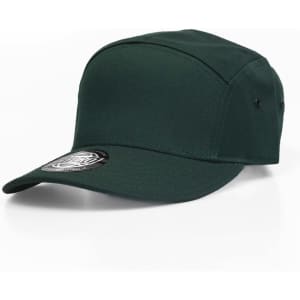 A green cap featuring a flat brim and a logo on the side. It has ventilation holes on either side.