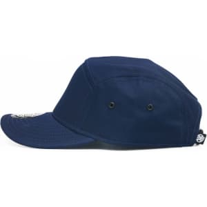 A navy cap featuring a curved brim and an adjustable strap, with branding on the front.