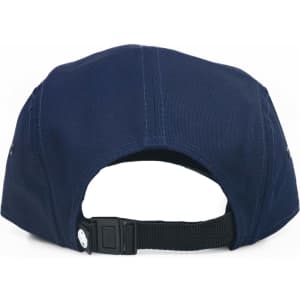 A navy blue cap with an adjustable strap and a logo on the back.