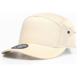 A cream-coloured cap featuring a branded logo and a structured design.