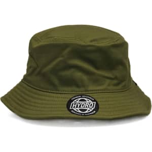 A green bucket hat featuring a logo on the front. The hat has a wide brim for sun protection.