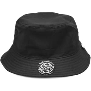 A black bucket hat featuring a round logo patch and a wide brim.