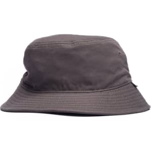 A dark grey bucket hat with a wide brim and a subtle logo. Features a simple, streamlined design.