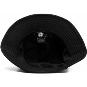 A black bucket hat featuring a textured brim and an interior label. The hat has a simple, unembellished design.