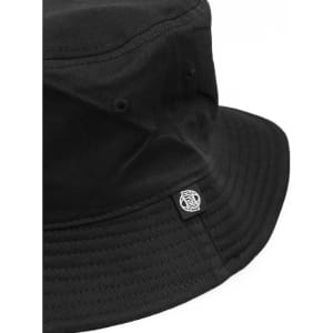 A black bucket hat with a branded logo. The hat features a wide brim and ribbed detailing.