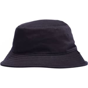 A black bucket hat with a wide brim and a subtle logo. Ideal for outdoor wear.