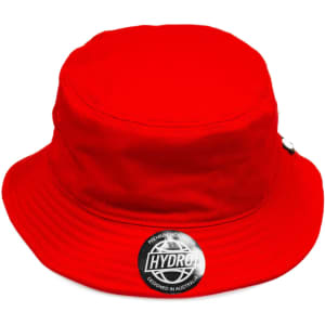 A red bucket hat featuring a logo on the front and a wide brim, designed for casual wear.