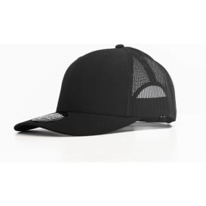 A black trucker cap with a mesh back and a round logo on the front.