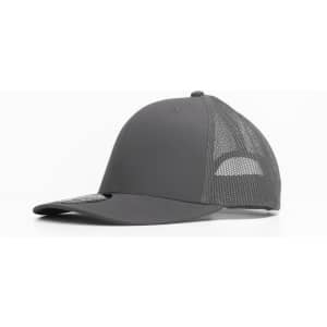 A grey trucker cap featuring a solid front and mesh back, with a logo on the front panel.