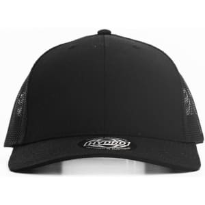 A black trucker cap with mesh sides and a curved brim. It has a logo on the front.