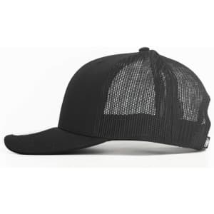 A black trucker cap with a mesh back, featuring a curved brim and a logo.
