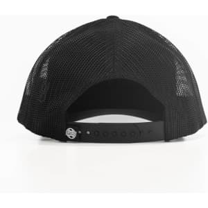 A black trucker cap featuring a mesh back and adjustable snap closure. The design includes a logo detail.