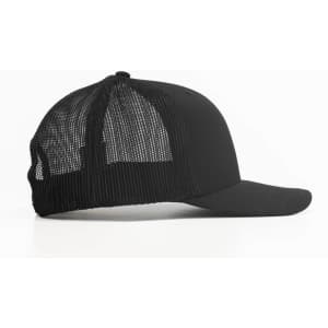 A black trucker cap with a mesh back and a curved peak, featuring a logo on the front.
