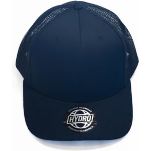 A navy trucker cap with a structured front and mesh back, featuring a circular logo at the base of the brim.