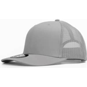 A grey trucker cap featuring a solid front and mesh back, with an attached logo.