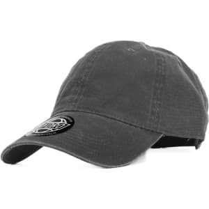 A grey cap with a curved brim, featuring a logo on the front.