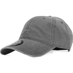 A grey cap with a curved brim and an adjustable strap. It features a logo on the front.