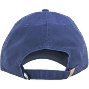 A navy cap featuring a back opening and an adjustable strap, with a logo on the side.
