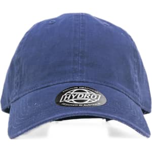 A navy cap featuring a curved brim and a logo on the front. The material appears textured and casual.