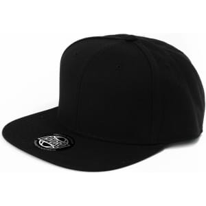 A black cap featuring a flat brim and a logo on the side. Suitable for casual wear.