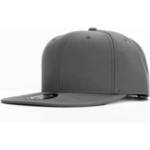 A grey cap featuring a structured design and a flat brim, with a logo on the side.