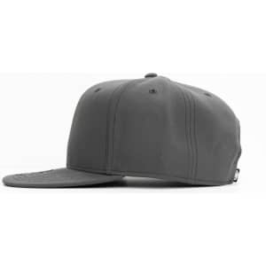A grey cap with a flat brim, featuring a logo on the side and a textured fabric.