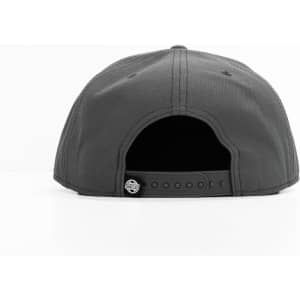 A grey cap viewed from the back, featuring a snapback closure and a logo on the side.
